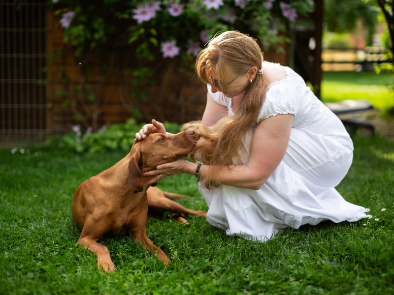 Heidi Siegert in einem weißen Sommerkleid streichelt liebevoll einen auf der Wiese liegenden braunen Hund sinnbildlich für das Entspannungscoaching in Bautzen.