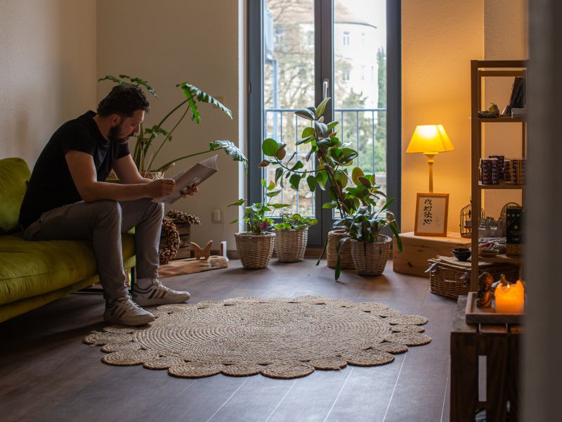 Ein Mann sitzt lesend auf einem grünen Sofa in einem Raum mit Zimmerpflanzen und einem runden Jute Teppich passend zur Stressbewältigung in Bautzen.