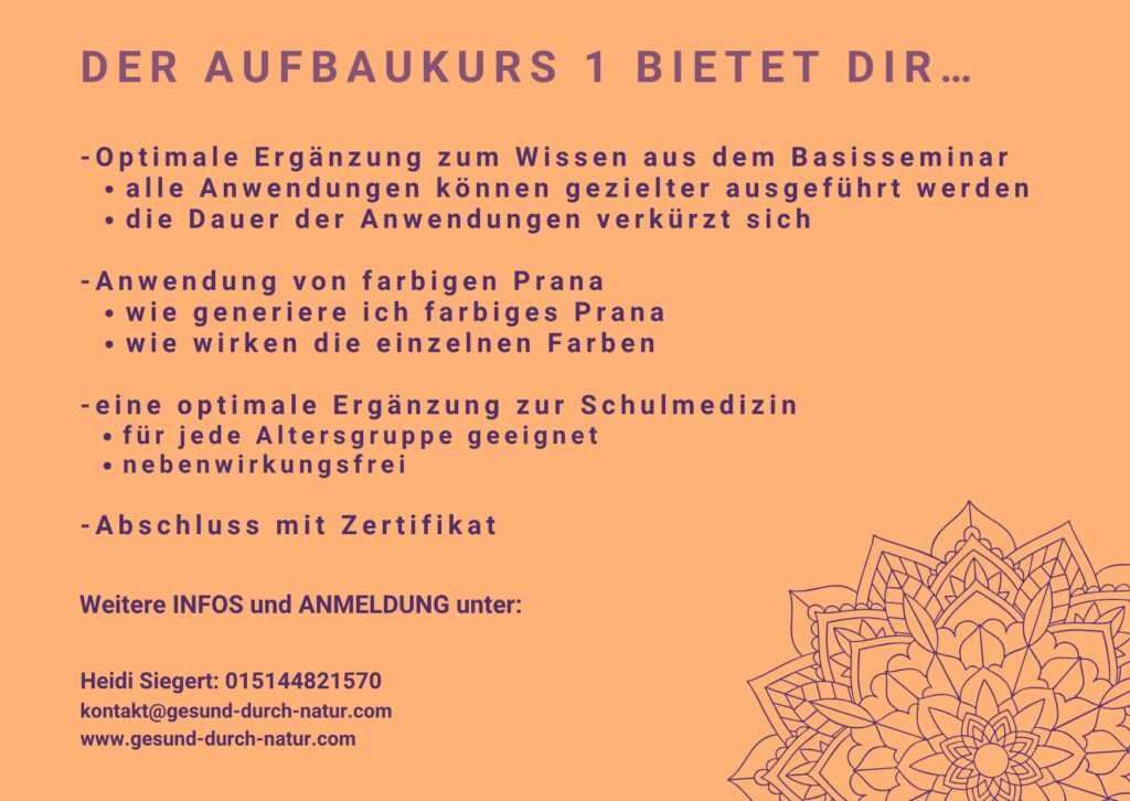 Die Rückseite des orangefarbenen Flyers für den 1. Aufbaukurs listet die Inhalte und Vorteile des Seminars für Energiearbeit in Bautzen auf, wie die Anwendung von farbigem Prana und die optimale Ergänzung zum Basisseminar.