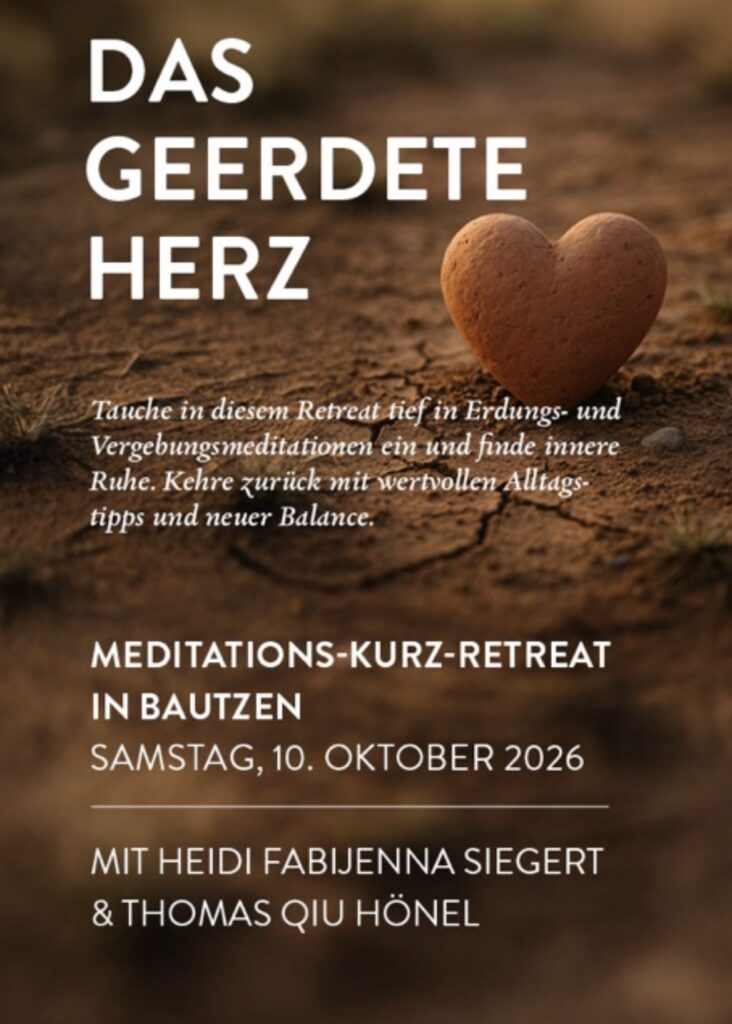 Ein herzförmiger Stein liegt auf trockener, rissiger Erde als Titelbild für das Meditations-Kurz-Retreat Das geerdete Herz für fokussierte Energiearbeit in Bautzen am 10. Oktober 2026.